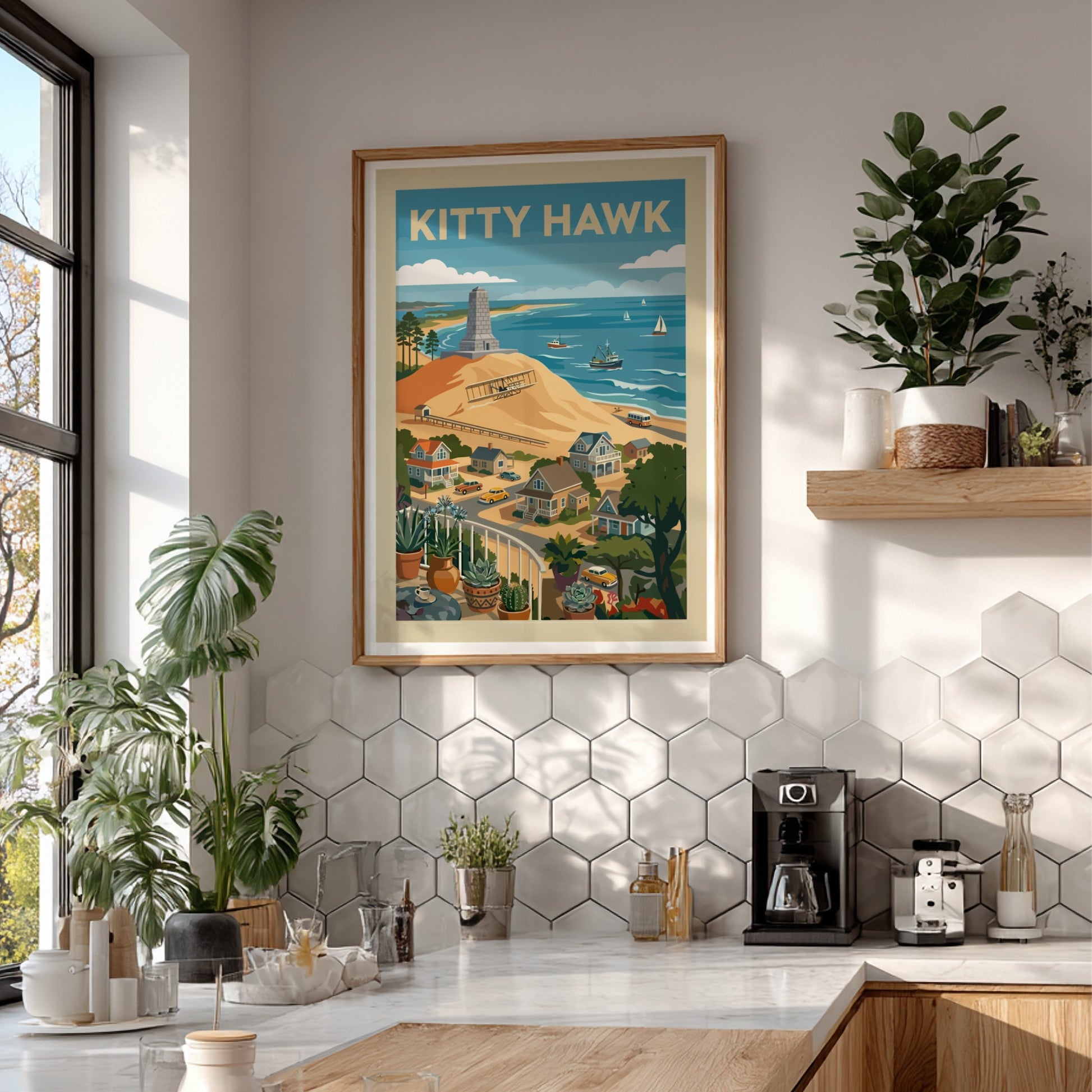 Retro illustration of Kitty Hawk beach with Wright Brothers memorial, vintage airplane, and coastal town.