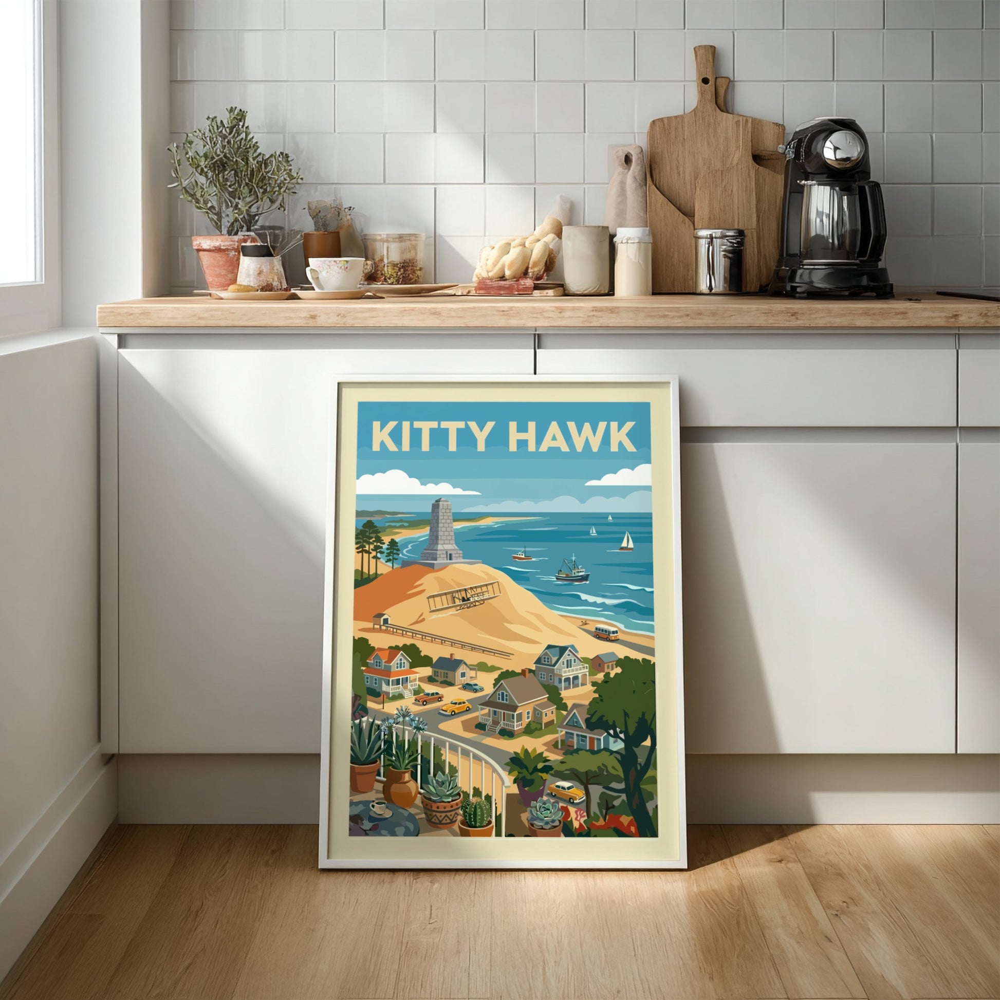 Retro illustration of Kitty Hawk beach with Wright Brothers memorial, vintage airplane, and coastal town.