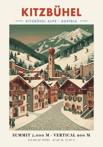 Kitzbühel ski resort poster featuring a vintage village scene with snowy mountains and warm colors