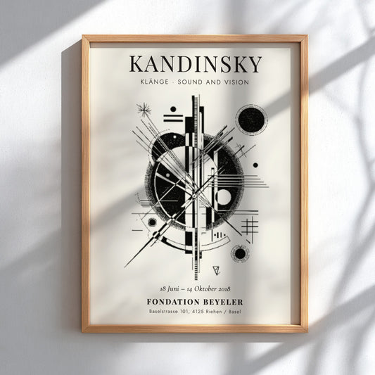 Kandinsky inspired poster featuring abstract geometric shapes in black and white