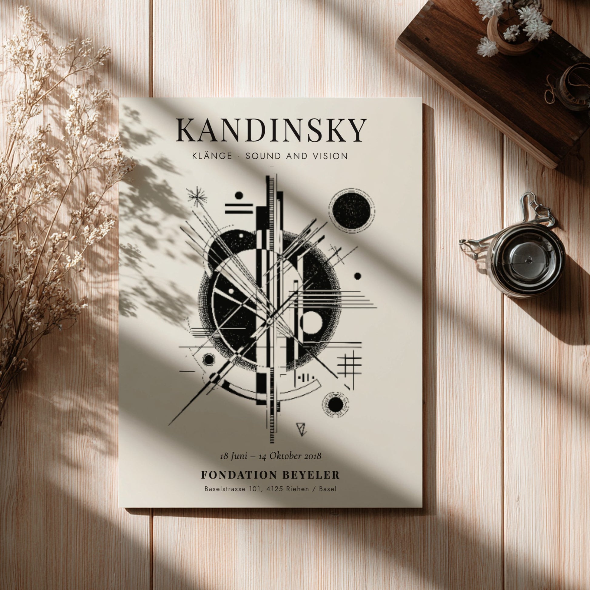 Kandinsky inspired poster featuring abstract geometric shapes in black and white