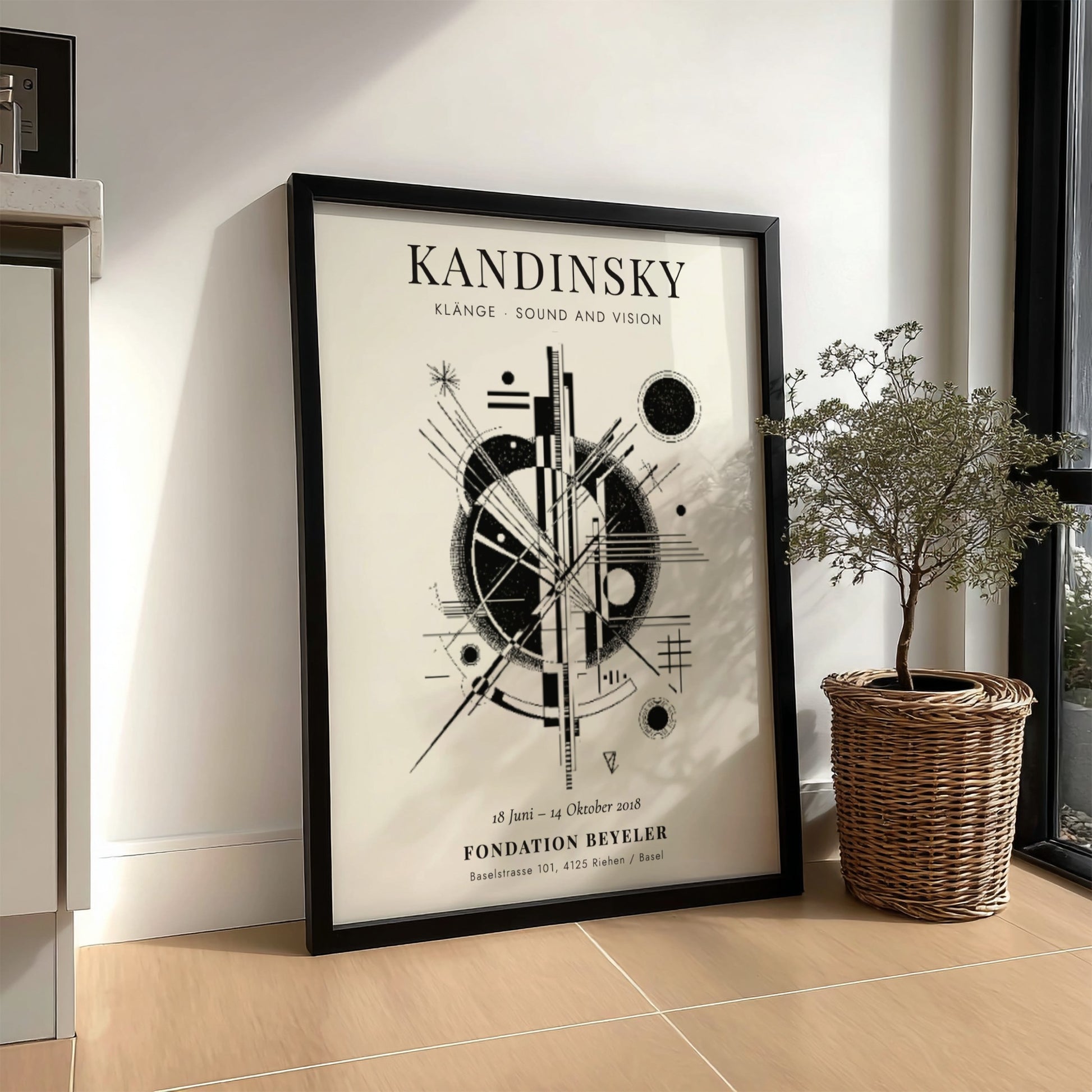 Kandinsky inspired poster featuring abstract geometric shapes in black and white