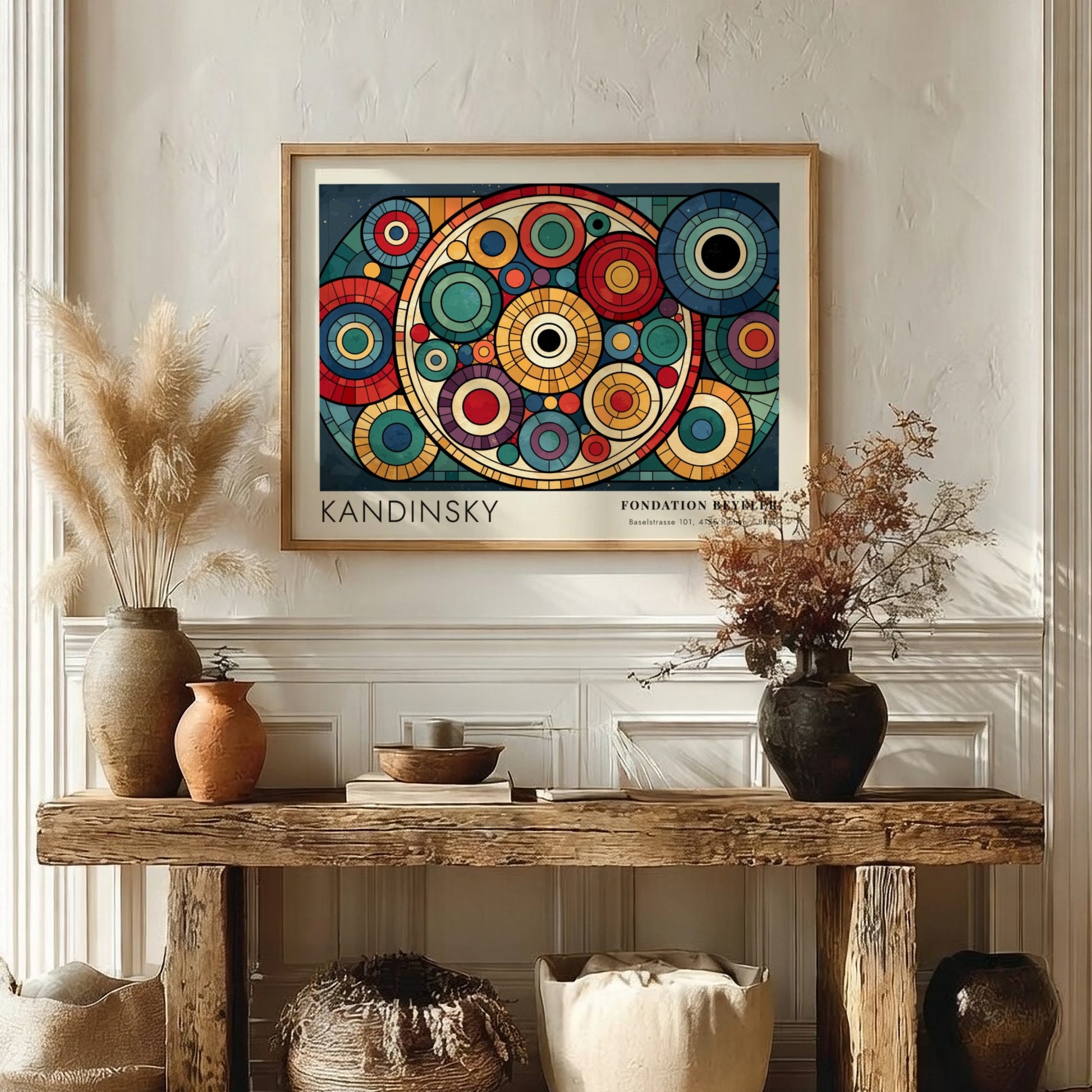 Kandinsky Fondation Beyeler poster featuring vibrant overlapping geometric circles in a wooden frame.