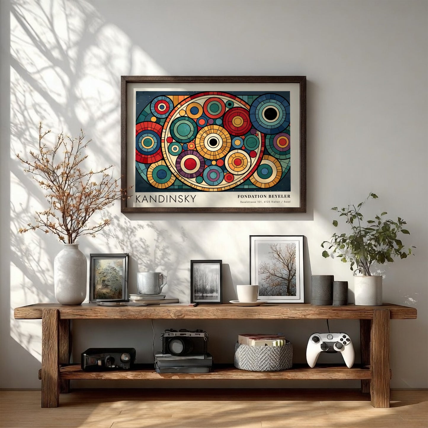 Kandinsky Fondation Beyeler poster featuring vibrant overlapping geometric circles in a wooden frame.