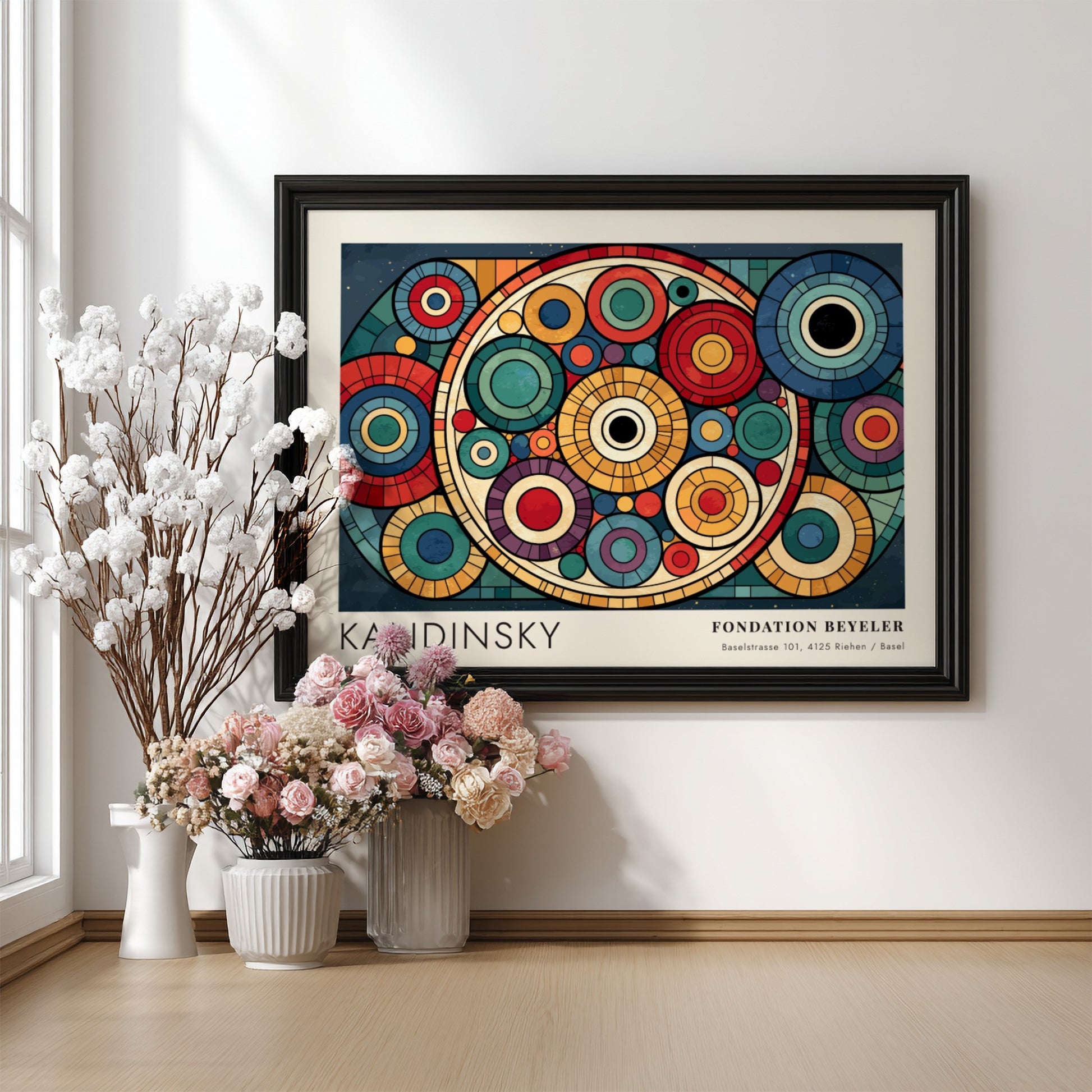Kandinsky Fondation Beyeler poster featuring vibrant overlapping geometric circles in a wooden frame.