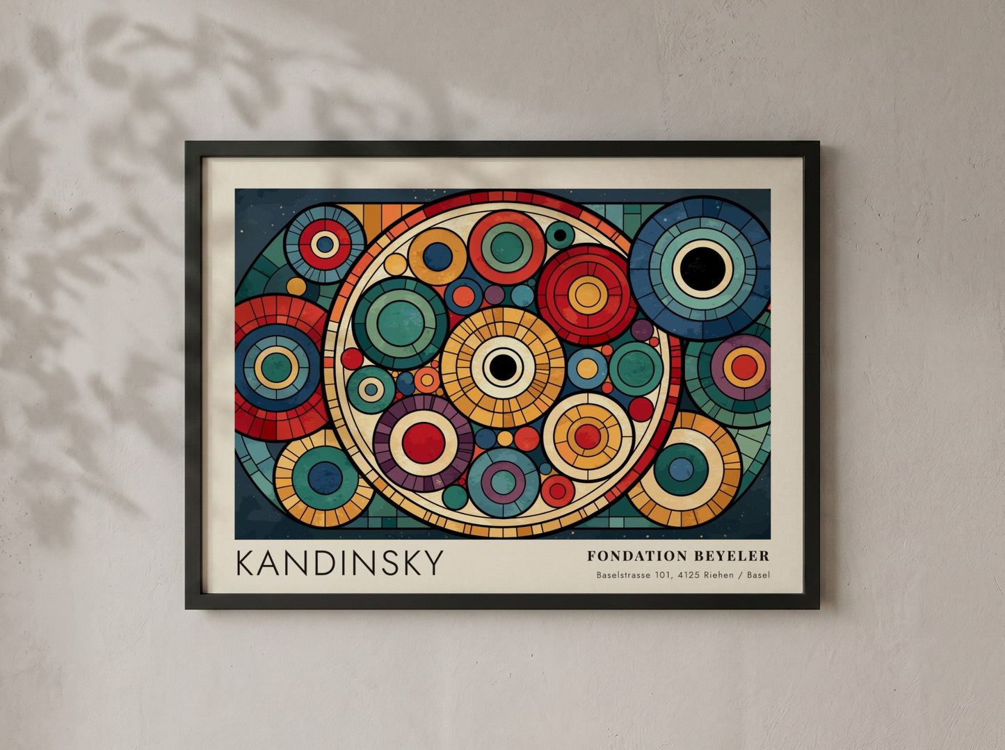 Kandinsky Fondation Beyeler poster featuring vibrant overlapping geometric circles in a wooden frame.