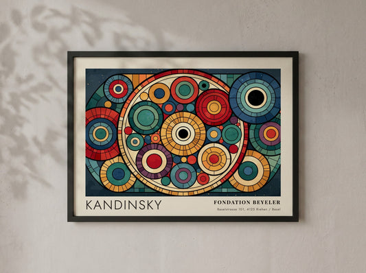 Kandinsky Fondation Beyeler poster featuring vibrant overlapping geometric circles in a wooden frame.