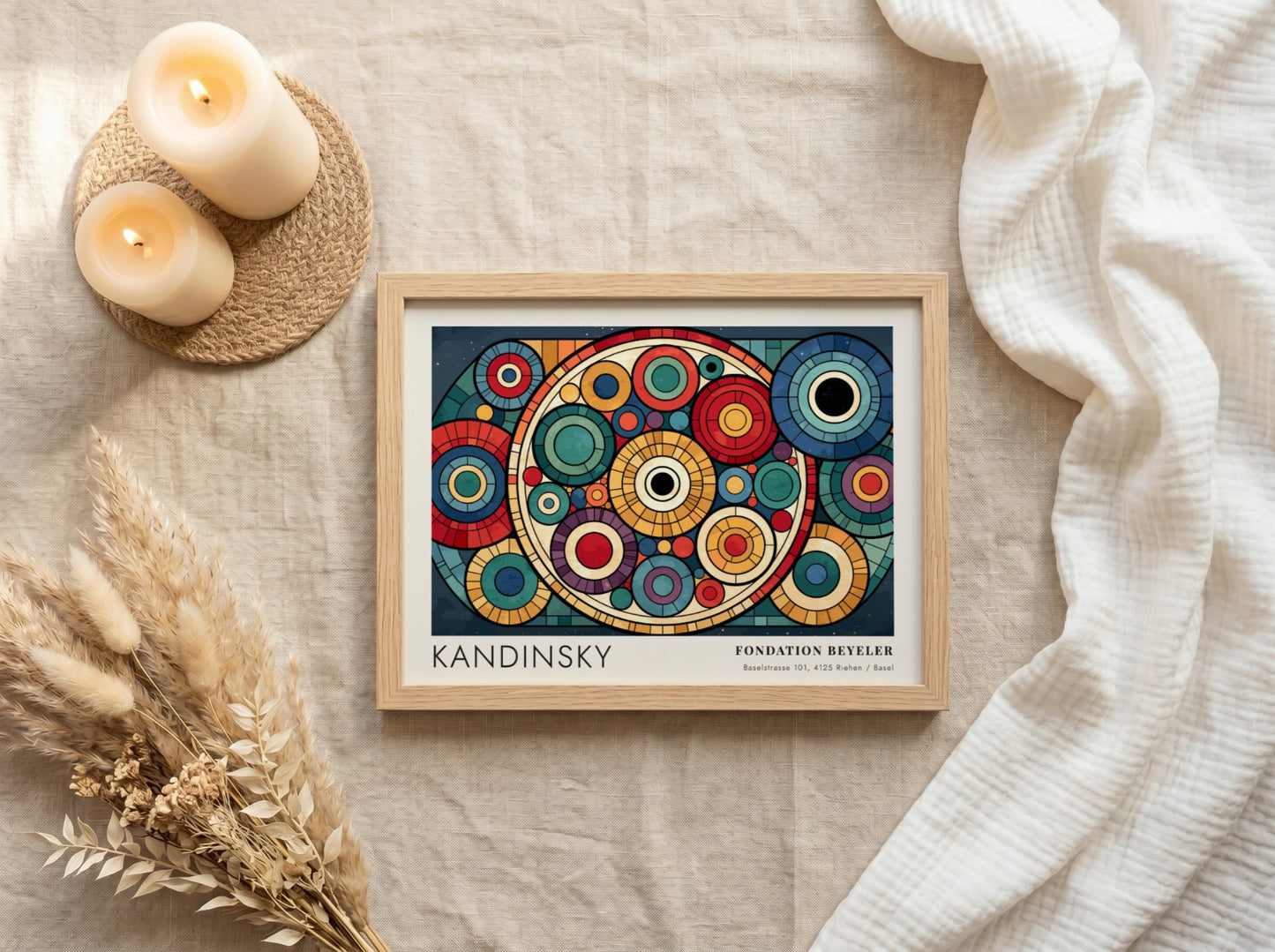 Kandinsky Fondation Beyeler poster featuring vibrant overlapping geometric circles in a wooden frame.