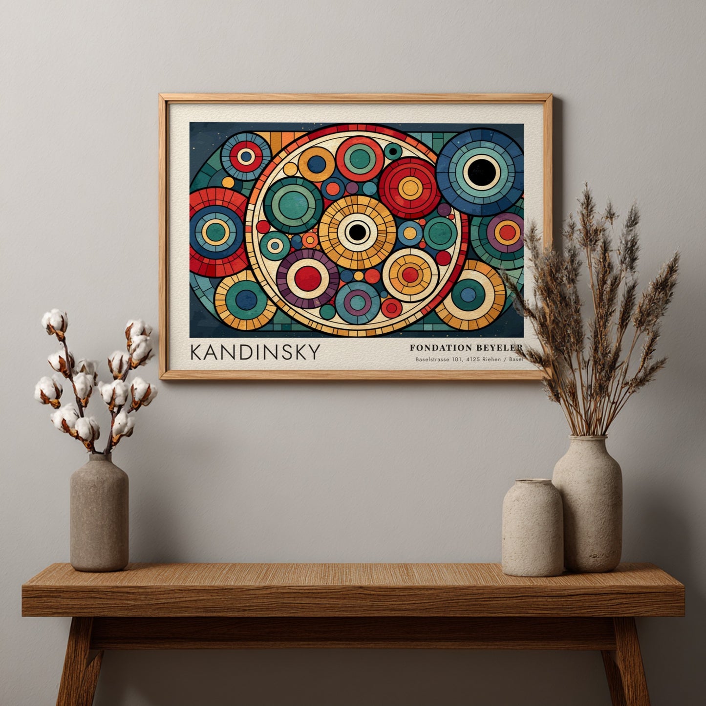 Kandinsky Fondation Beyeler poster featuring vibrant overlapping geometric circles in a wooden frame.