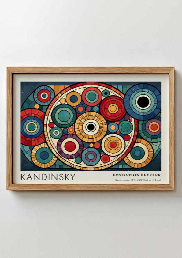 Kandinsky Fondation Beyeler poster featuring vibrant overlapping geometric circles in a wooden frame.