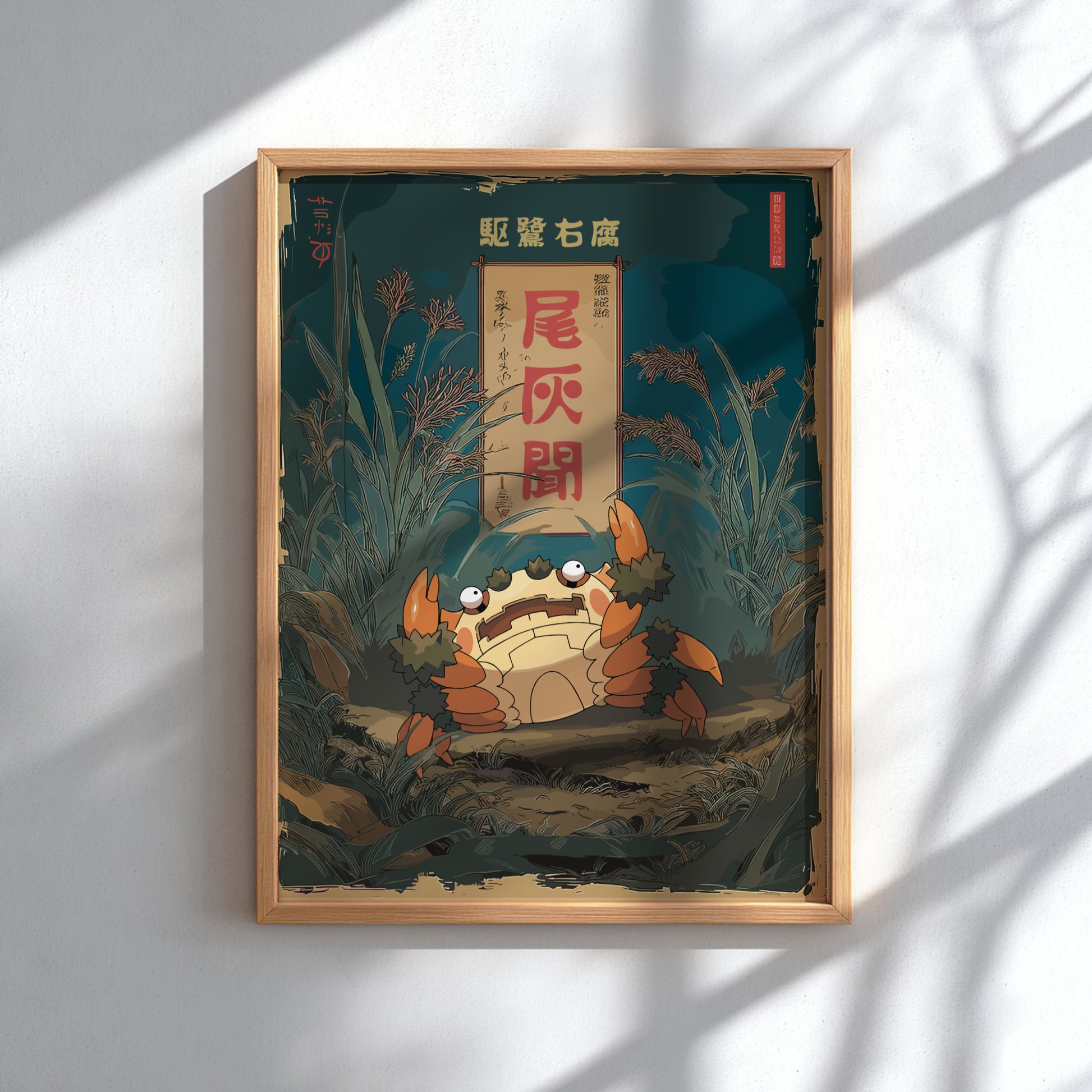 Framed artwork of Klawf Pokemon with a traditional Japanese design on a white wall.