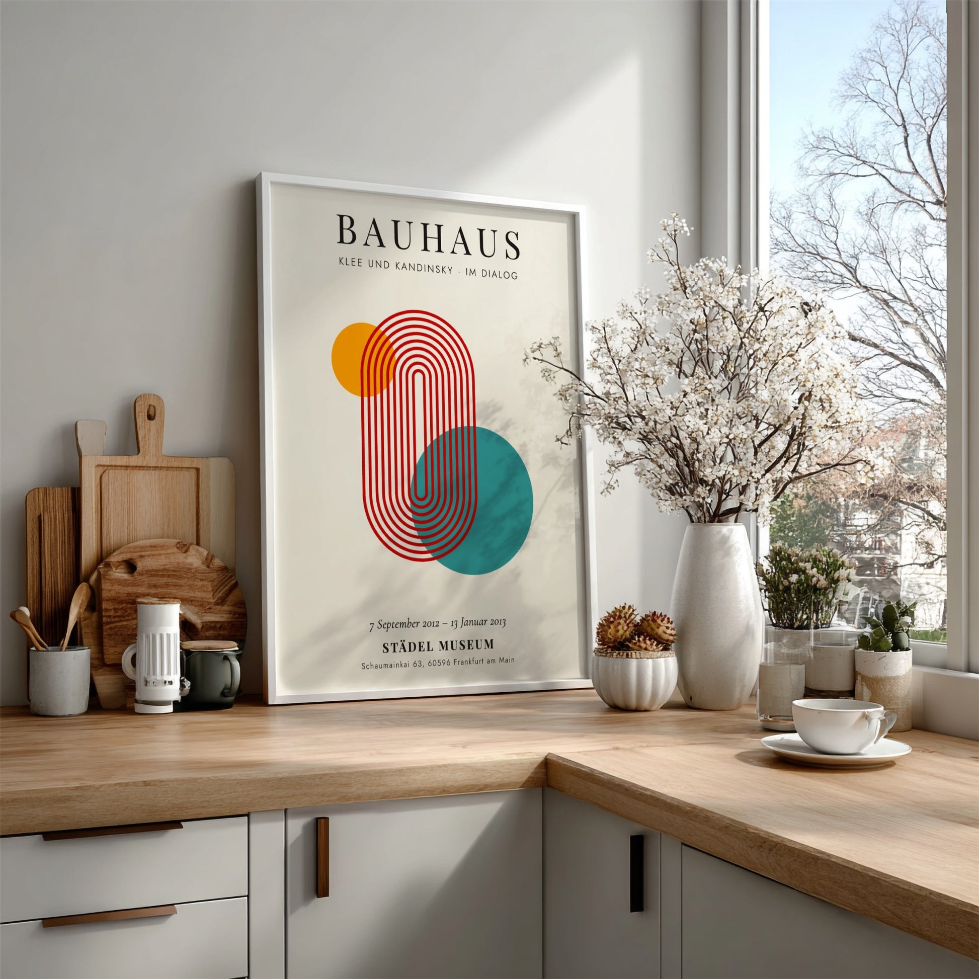 Bauhaus poster featuring Klee and Kandinsky with geometric shapes in orange and teal