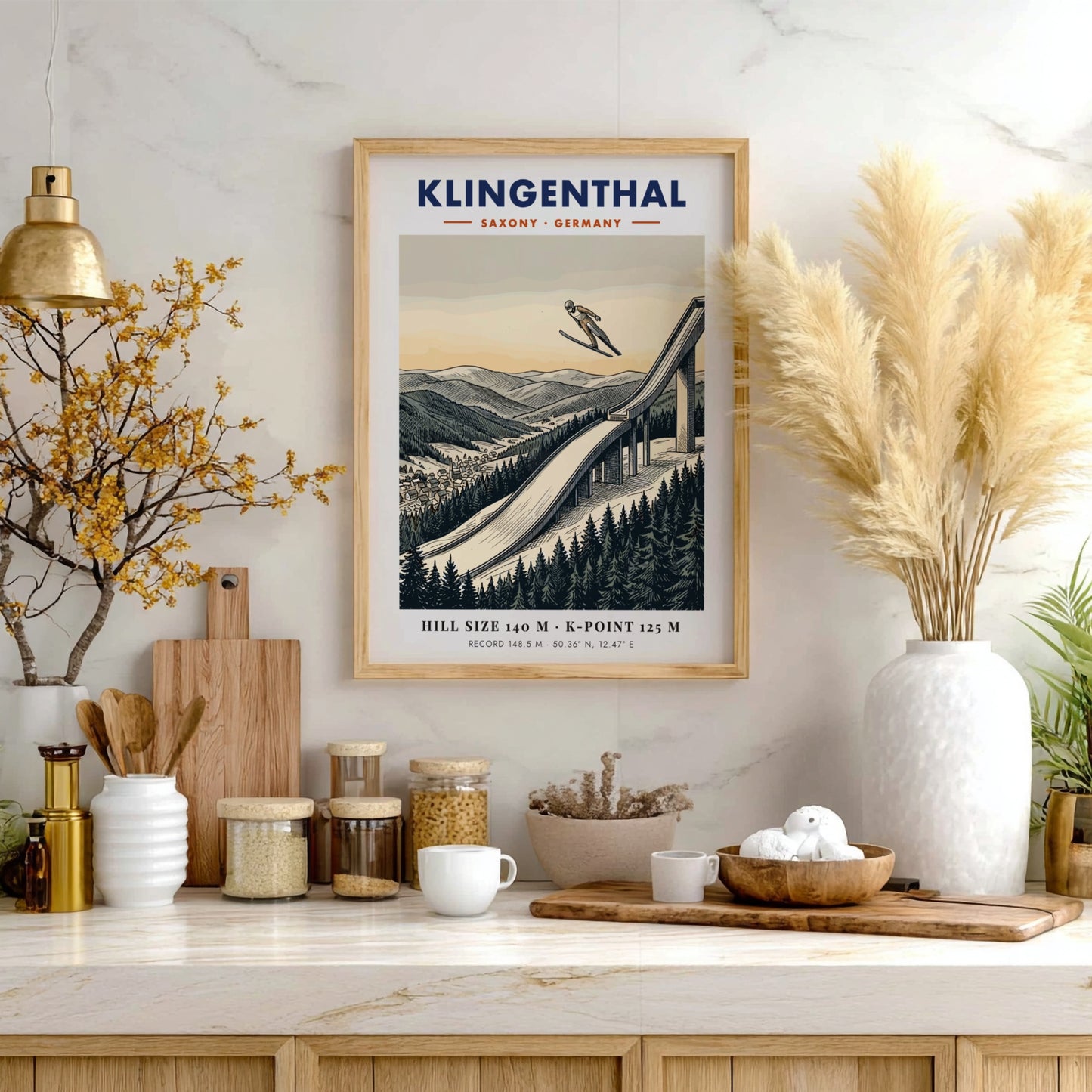Poster of a ski jumper at the Klingenthal hill in Germany with mountains