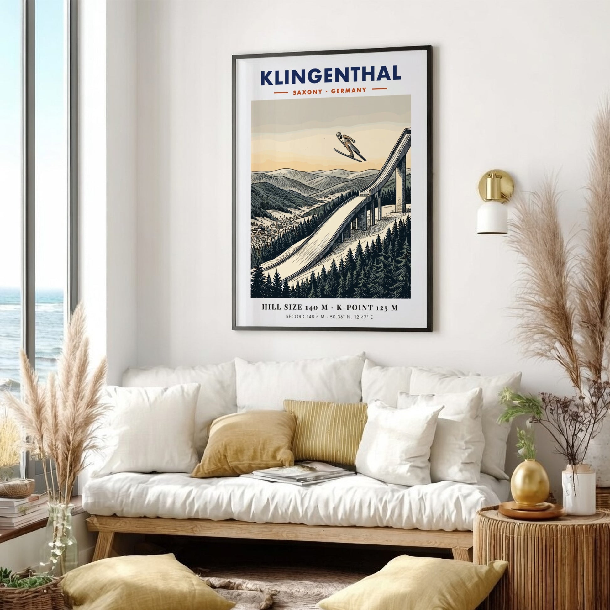 Poster of a ski jumper at the Klingenthal hill in Germany with mountains