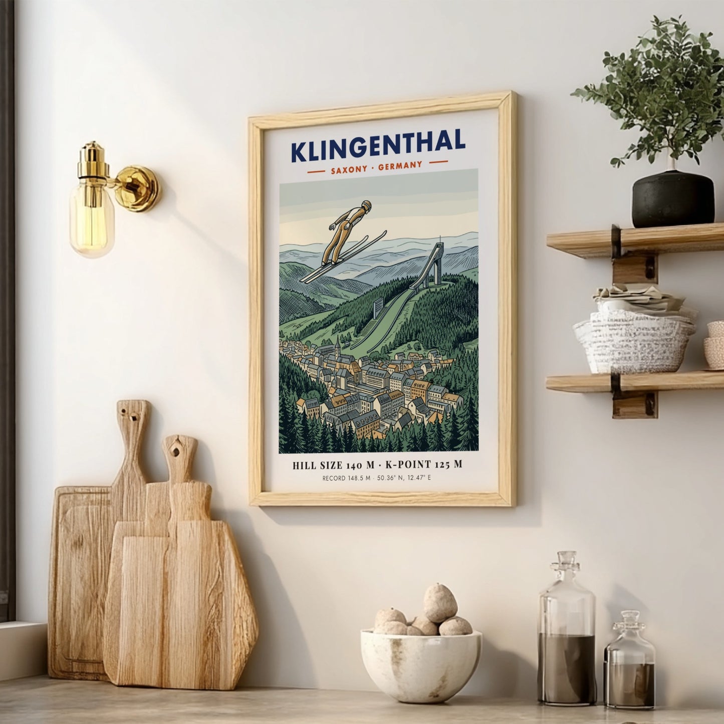 Poster of a ski jumper in flight over the Klingenthal town and hill.