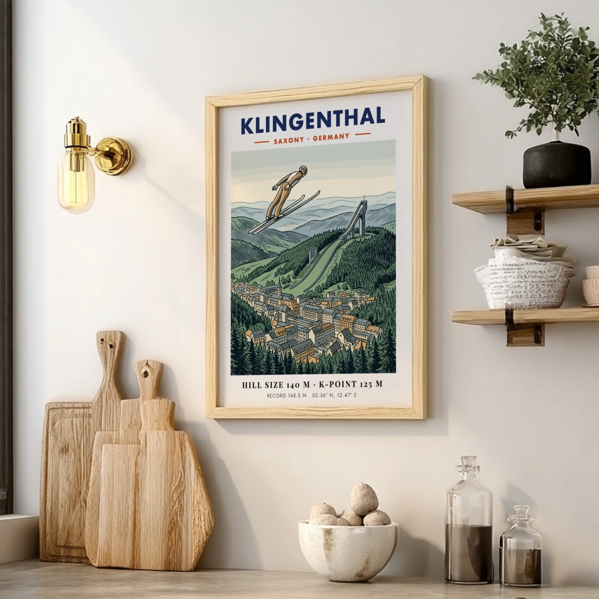 Poster of a ski jumper in flight over the Klingenthal town and hill.