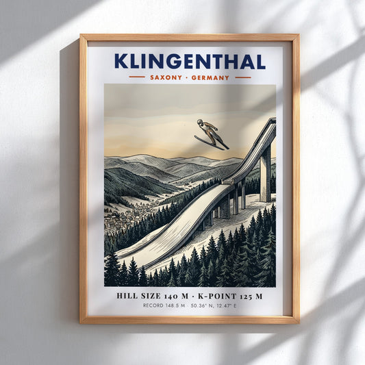 Poster of a ski jumper at the Klingenthal hill in Germany with mountains