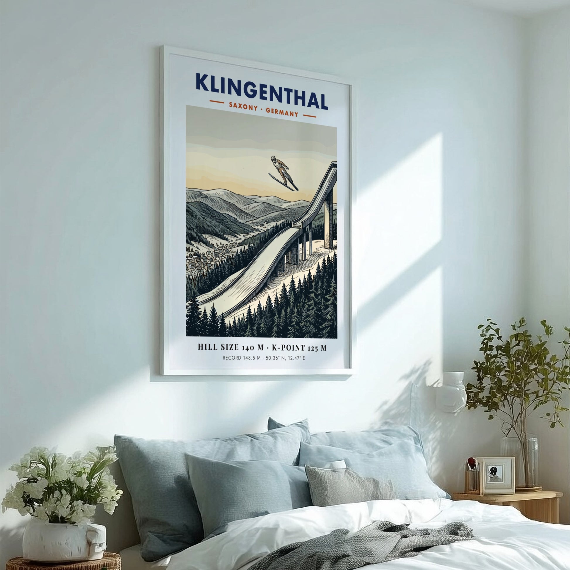 Poster of a ski jumper at the Klingenthal hill in Germany with mountains
