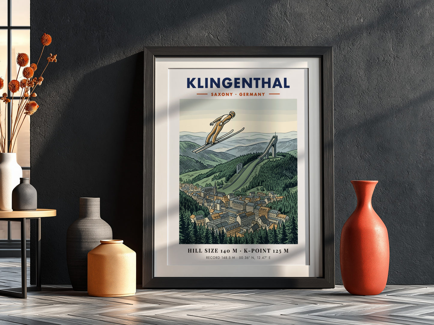 Poster of a ski jumper in flight over the Klingenthal town and hill.