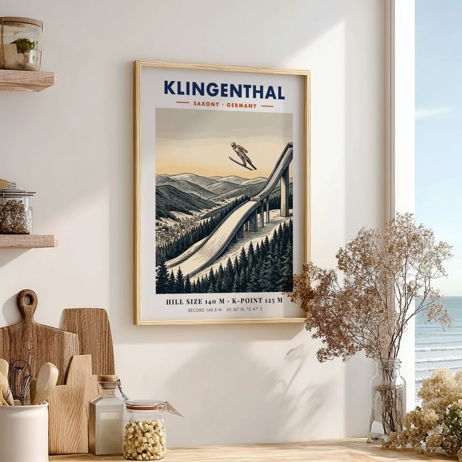 Poster of a ski jumper at the Klingenthal hill in Germany with mountains