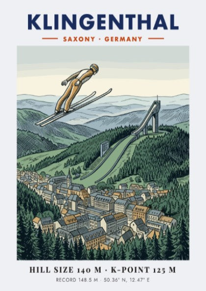 Poster of a ski jumper in flight over the Klingenthal town and hill.