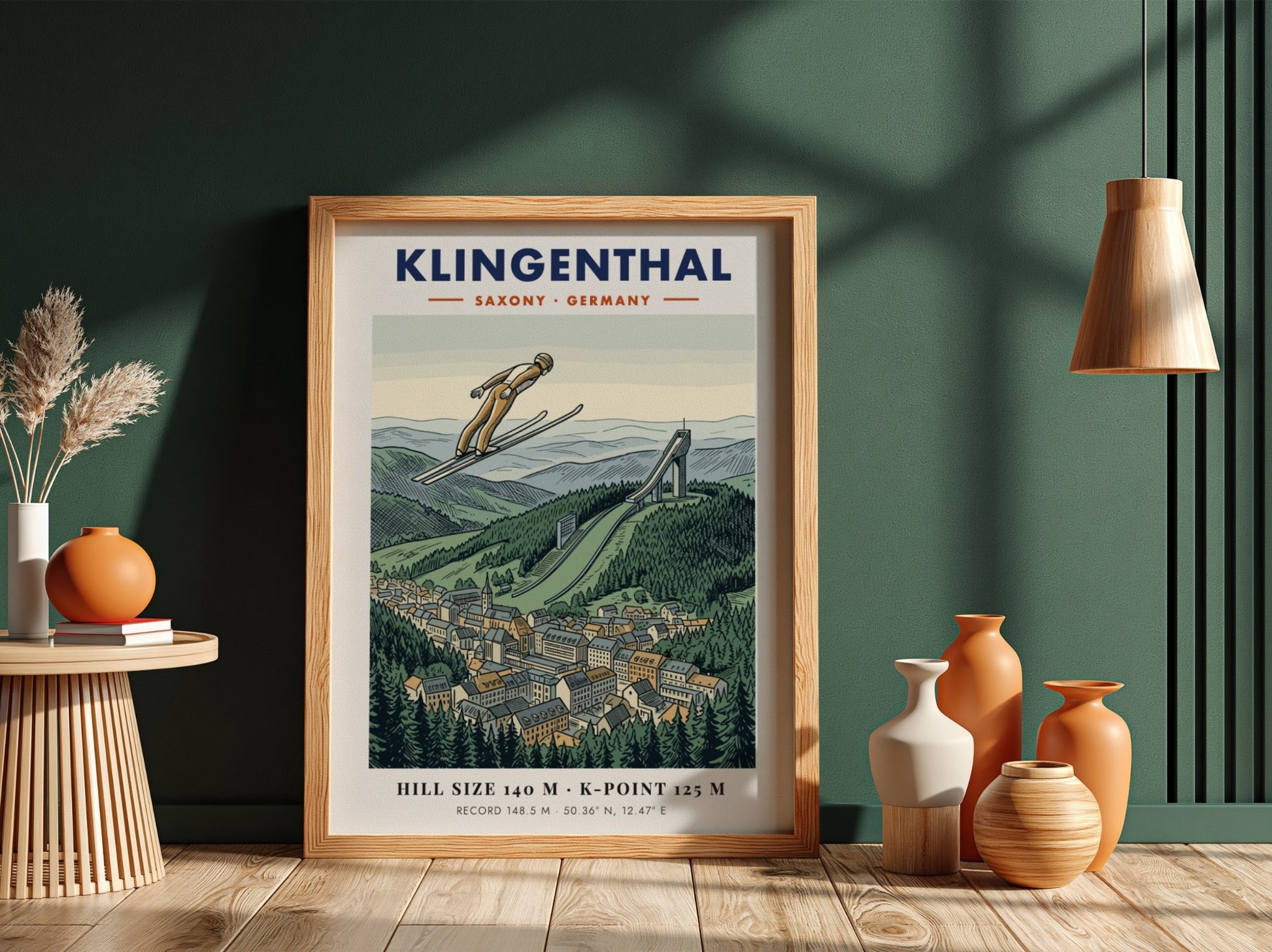Poster of a ski jumper in flight over the Klingenthal town and hill.