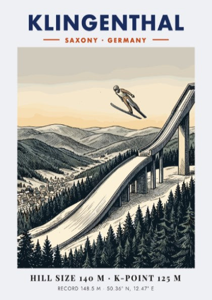 Poster of a ski jumper at the Klingenthal hill in Germany with mountains
