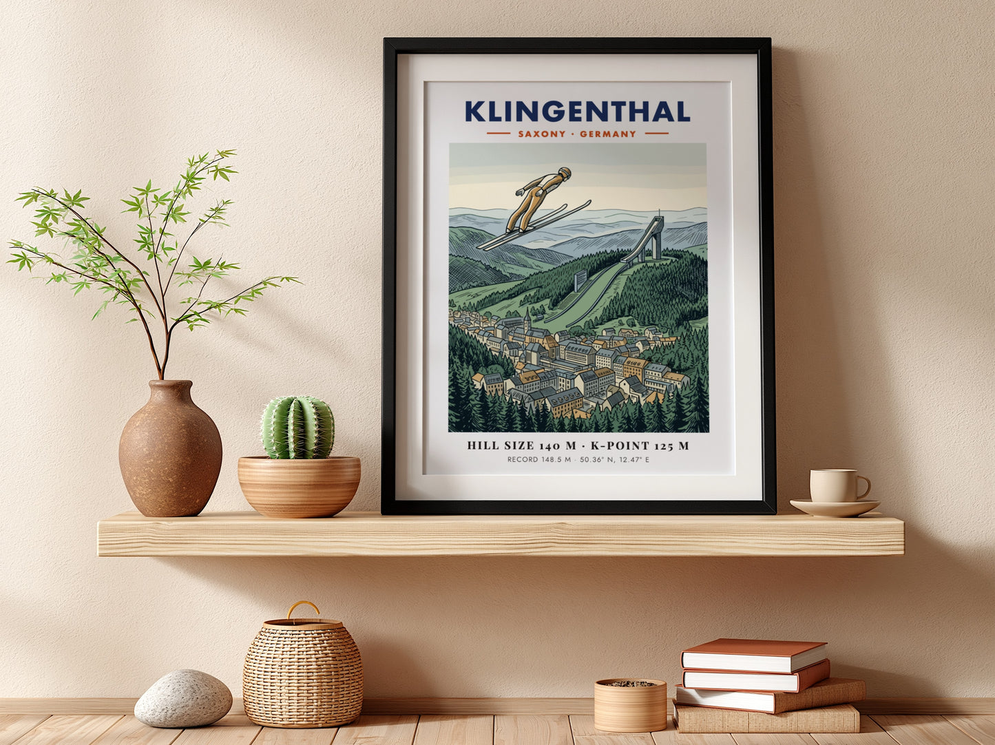 Poster of a ski jumper in flight over the Klingenthal town and hill.
