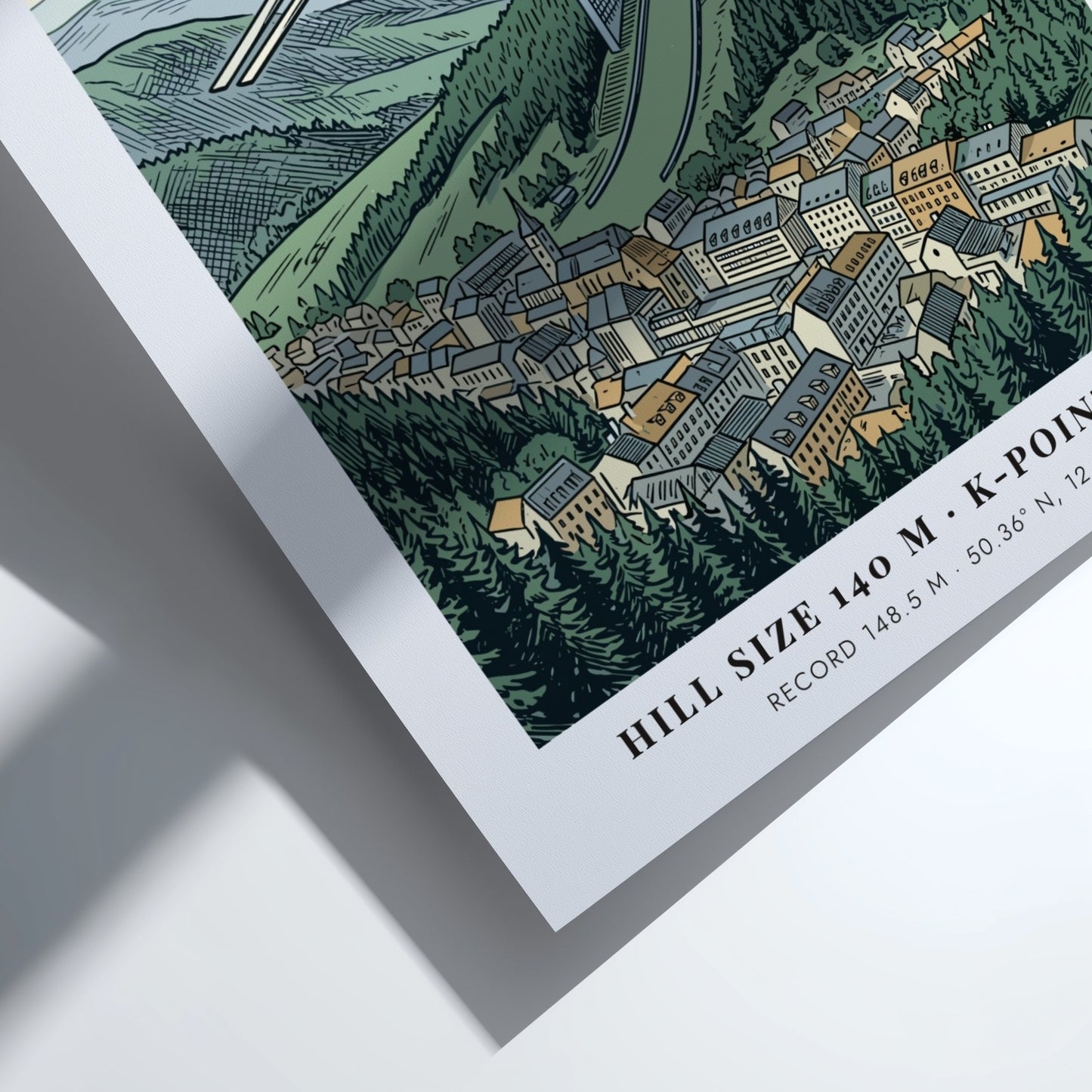 Poster of a ski jumper in flight over the Klingenthal town and hill.