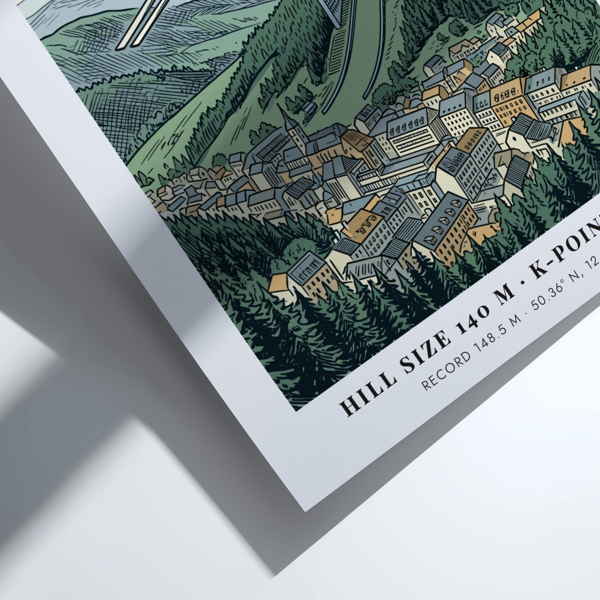 Poster of a ski jumper in flight over the Klingenthal town and hill.