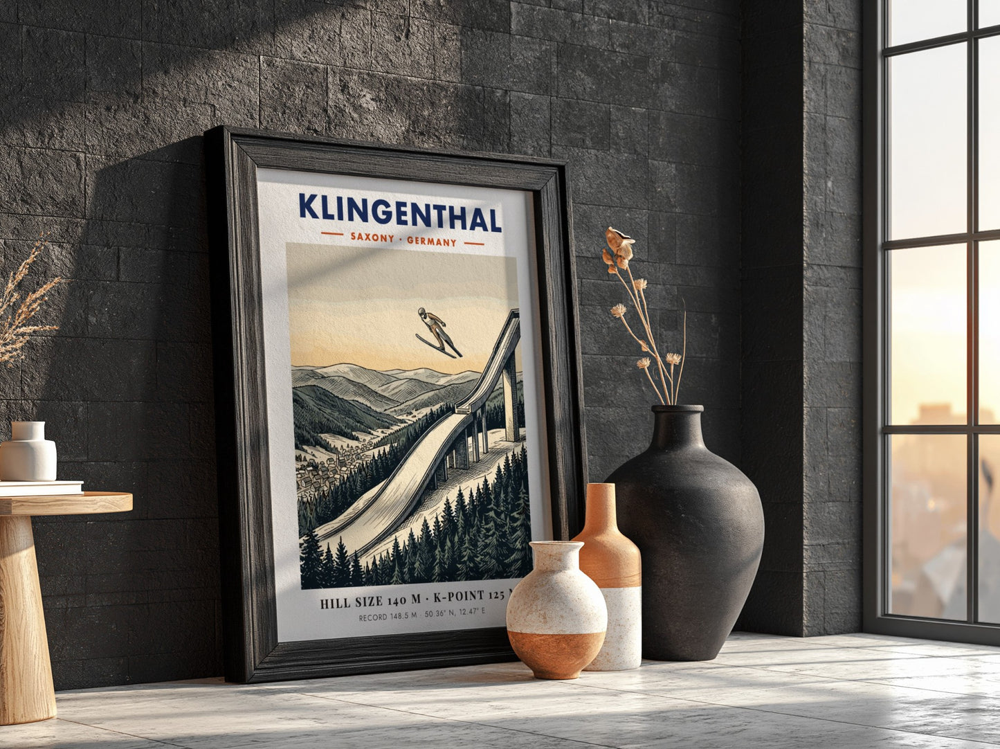 Poster of a ski jumper at the Klingenthal hill in Germany with mountains