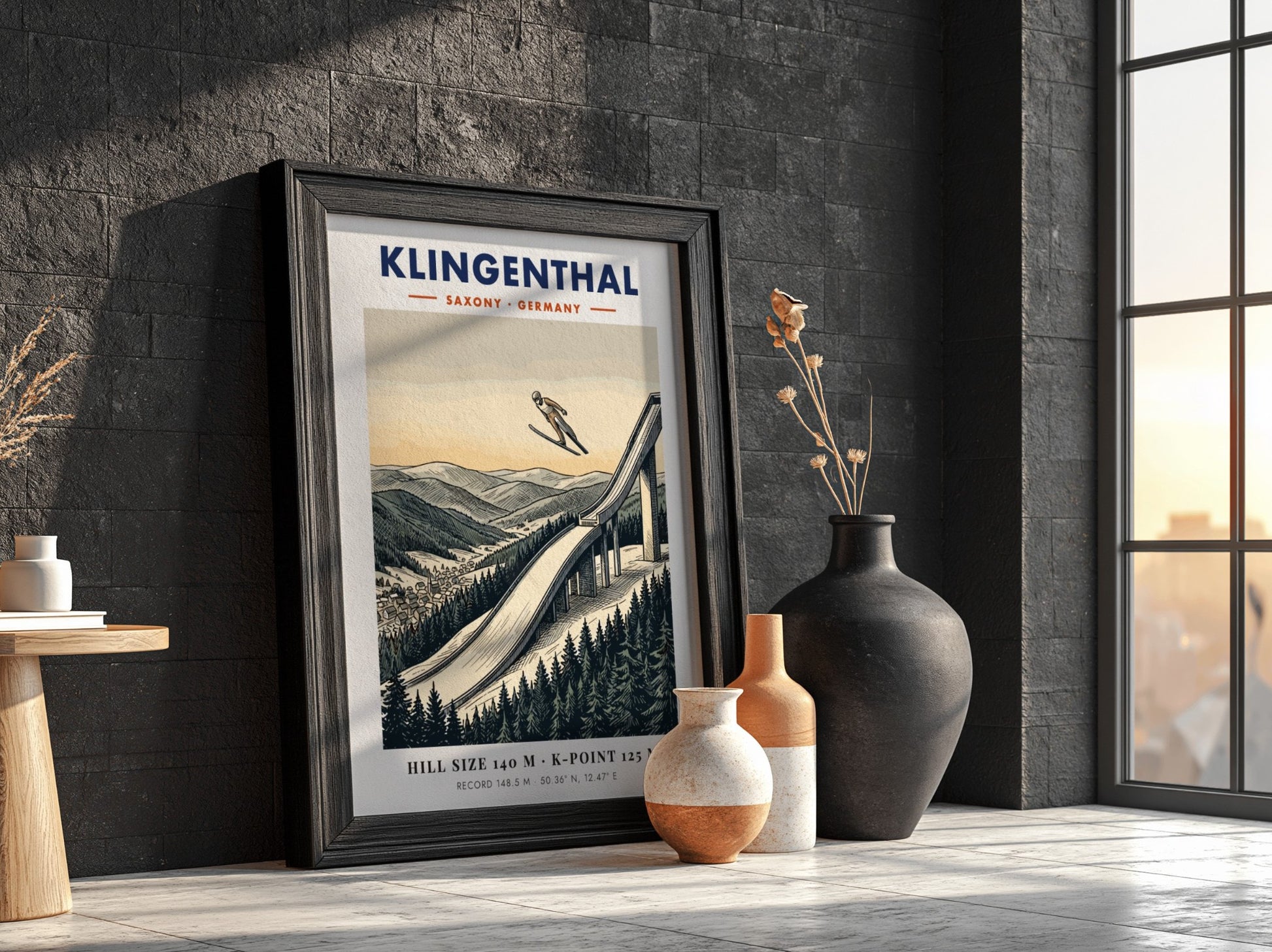 Poster of a ski jumper at the Klingenthal hill in Germany with mountains
