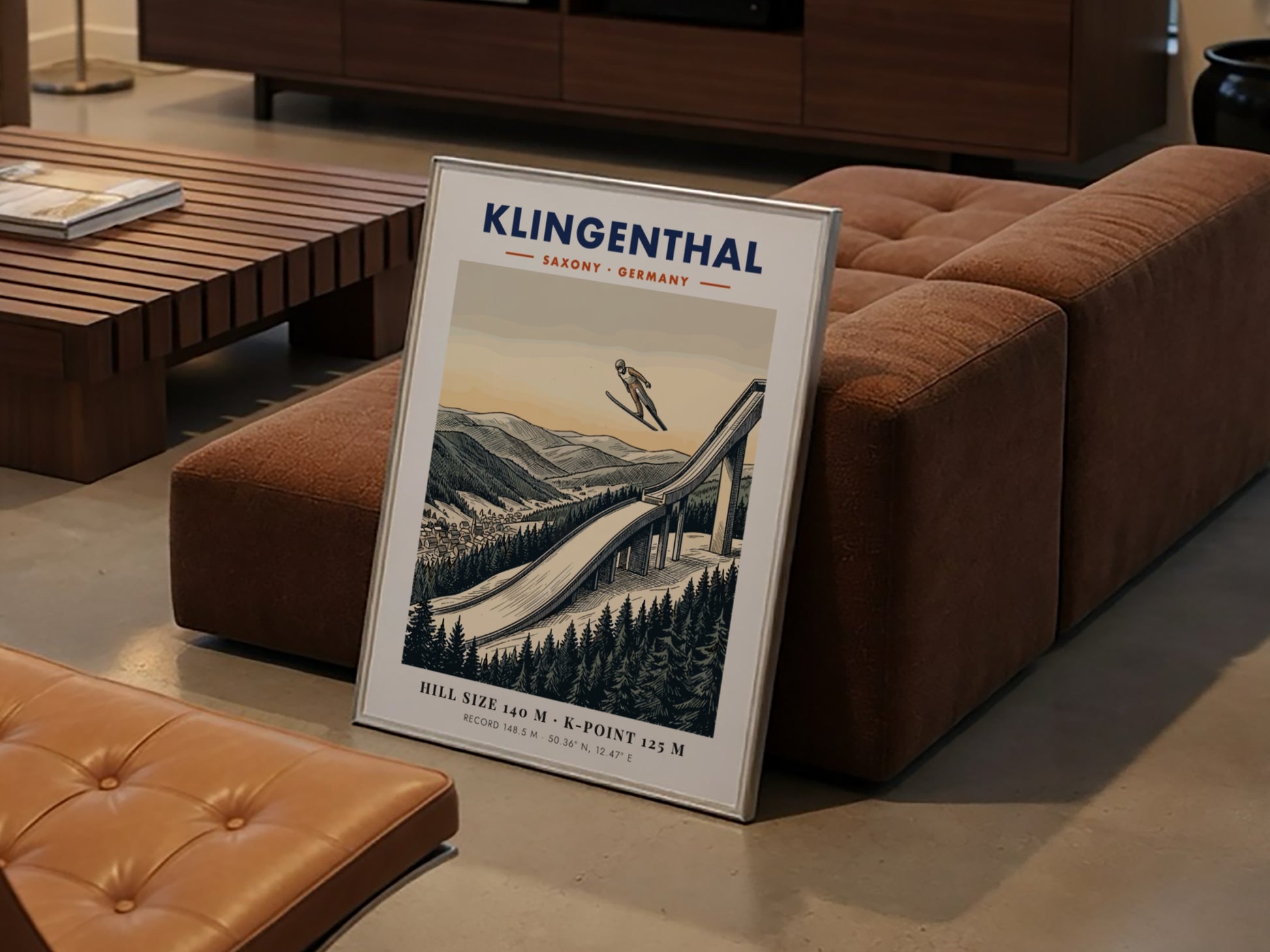 Poster of a ski jumper at the Klingenthal hill in Germany with mountains