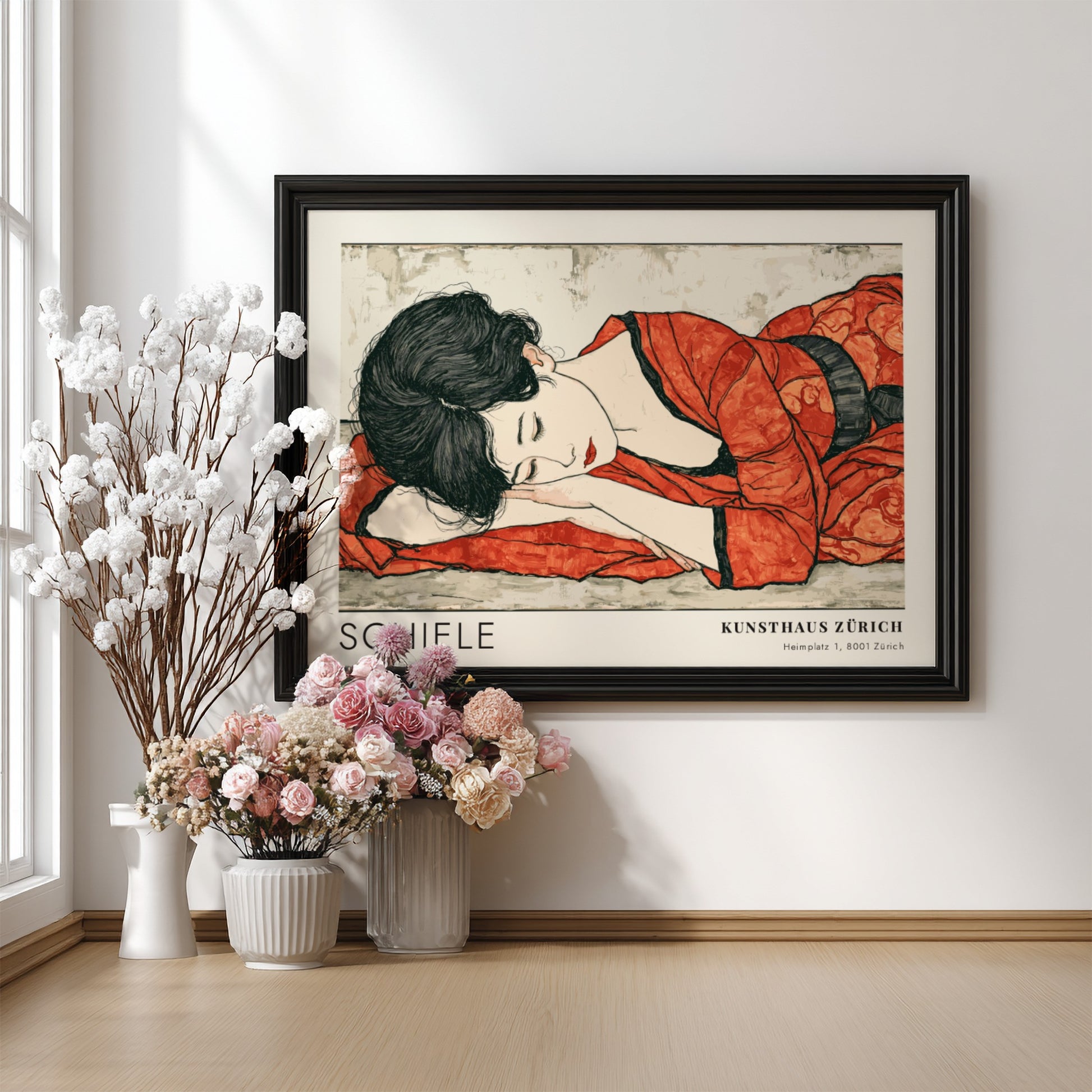 Wall art poster featuring Egon Schiele Kniender Akt with a figure in red