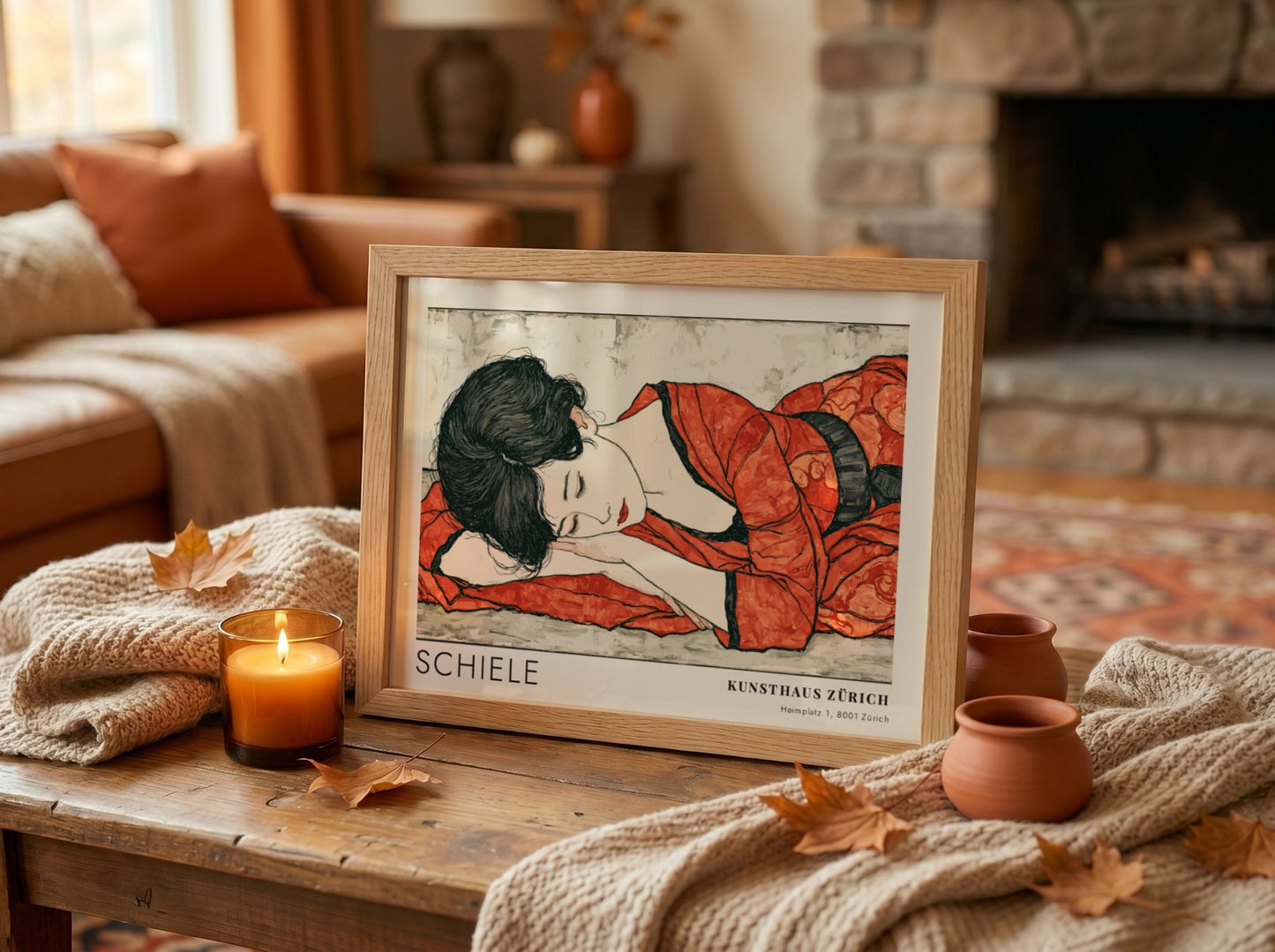 Wall art poster featuring Egon Schiele Kniender Akt with a figure in red