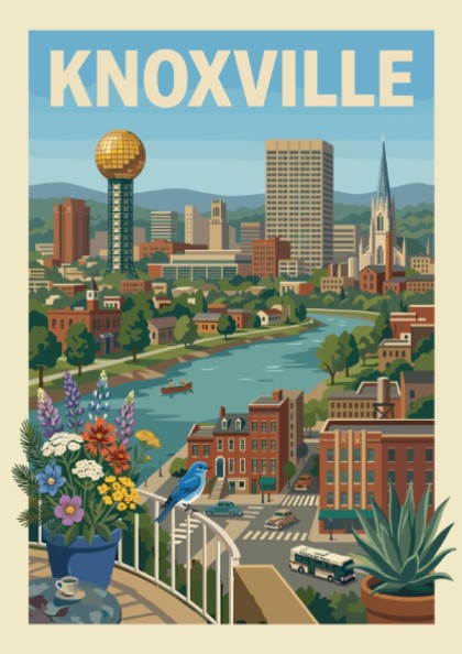 Knoxville cityscape art print with Sunsphere, river, and buildings in a warm, illustrative style.