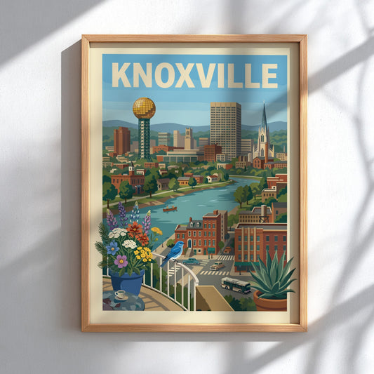 Knoxville cityscape art print with Sunsphere, river, and buildings in a warm, illustrative style.