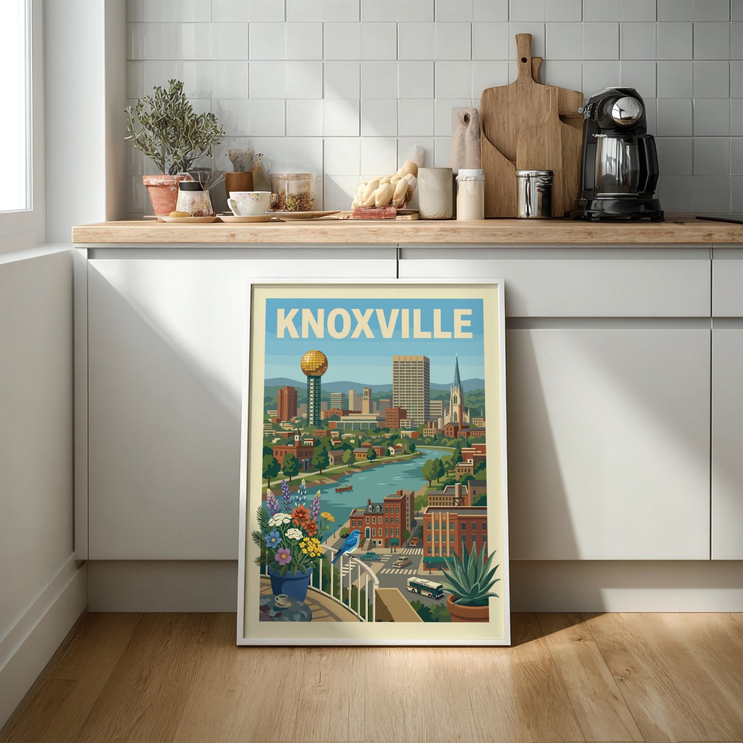 Knoxville cityscape art print with Sunsphere, river, and buildings in a warm, illustrative style.