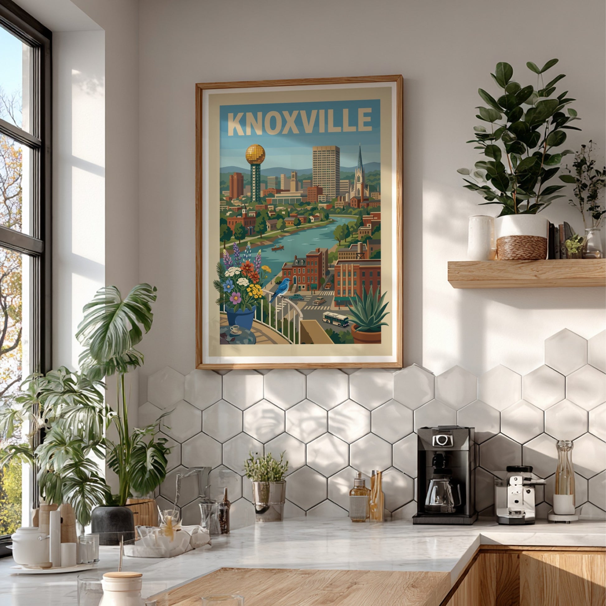 Knoxville cityscape art print with Sunsphere, river, and buildings in a warm, illustrative style.