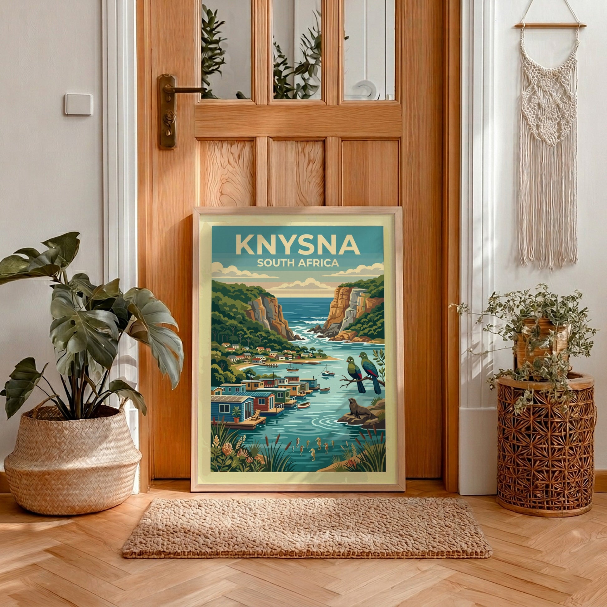 Travel poster of Knysna South Africa featuring coastal cliffs, floating houses, and wildlife.