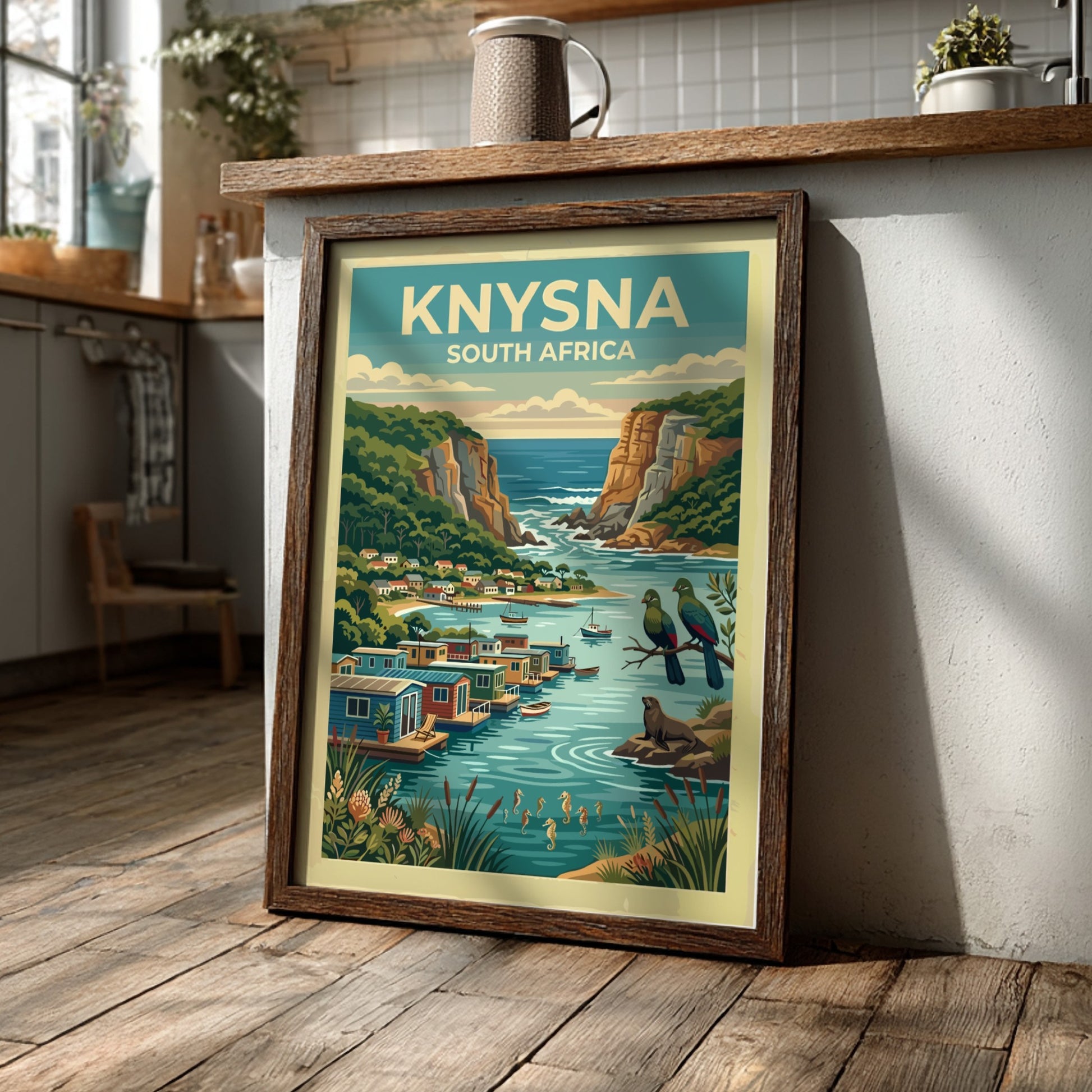 Travel poster of Knysna South Africa featuring coastal cliffs, floating houses, and wildlife.