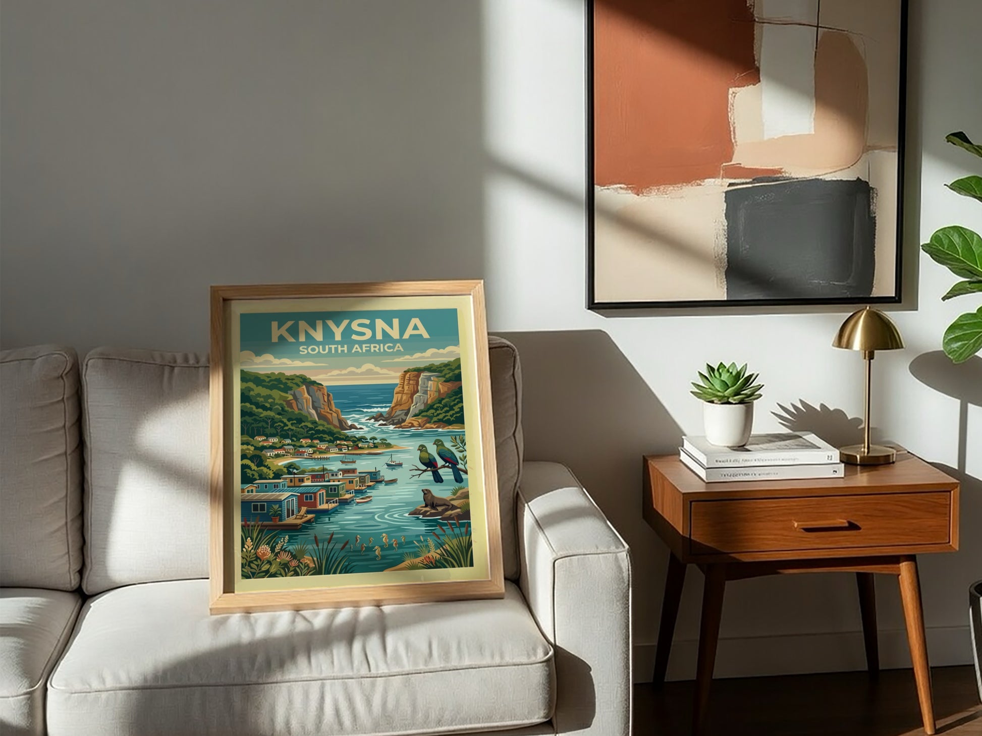 Travel poster of Knysna South Africa featuring coastal cliffs, floating houses, and wildlife.