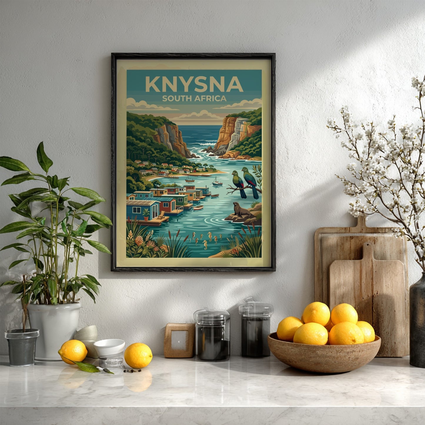 Travel poster of Knysna South Africa featuring coastal cliffs, floating houses, and wildlife.