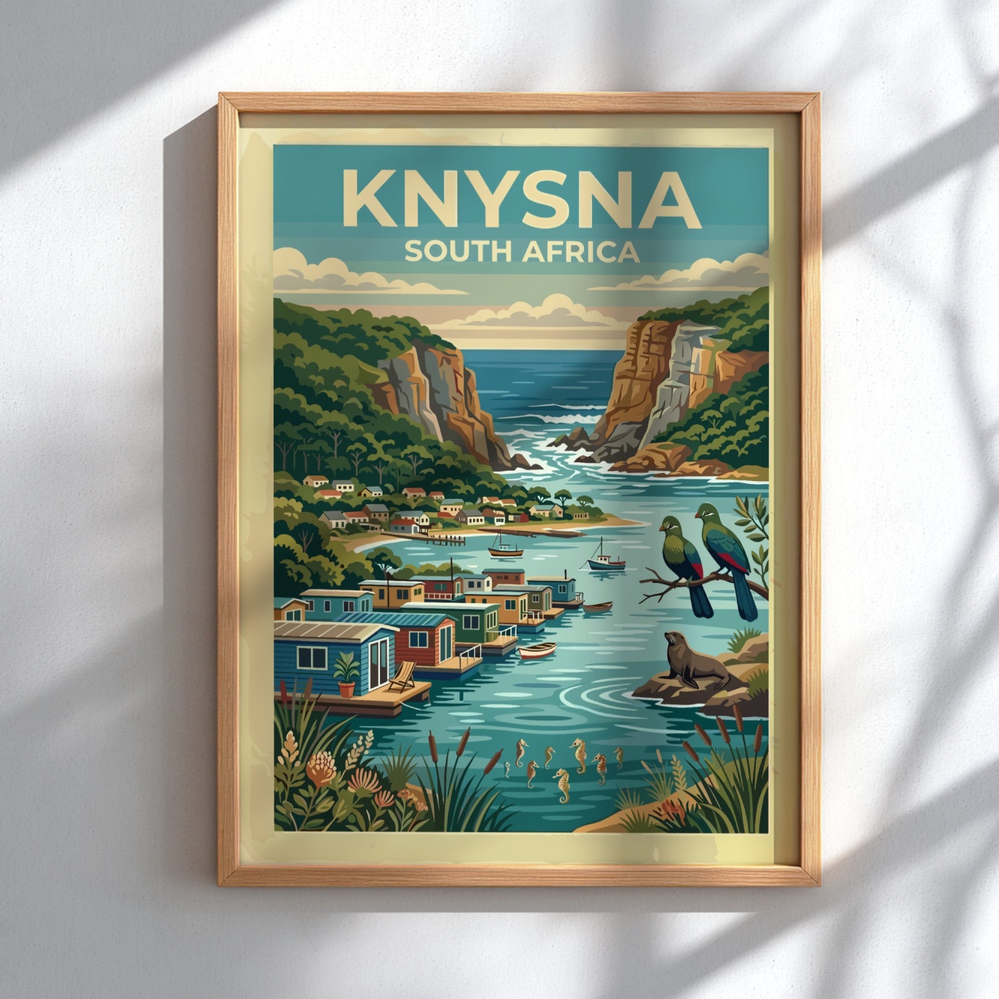 Travel poster of Knysna South Africa featuring coastal cliffs, floating houses, and wildlife.