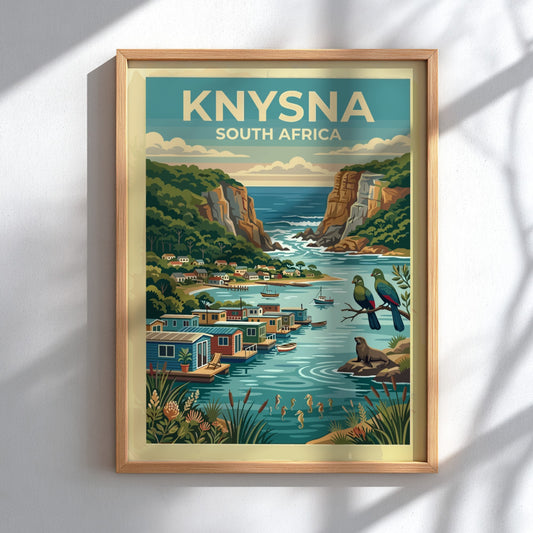 Travel poster of Knysna South Africa featuring coastal cliffs, floating houses, and wildlife.
