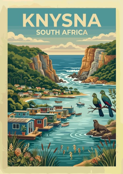 Travel poster of Knysna South Africa featuring coastal cliffs, floating houses, and wildlife.
