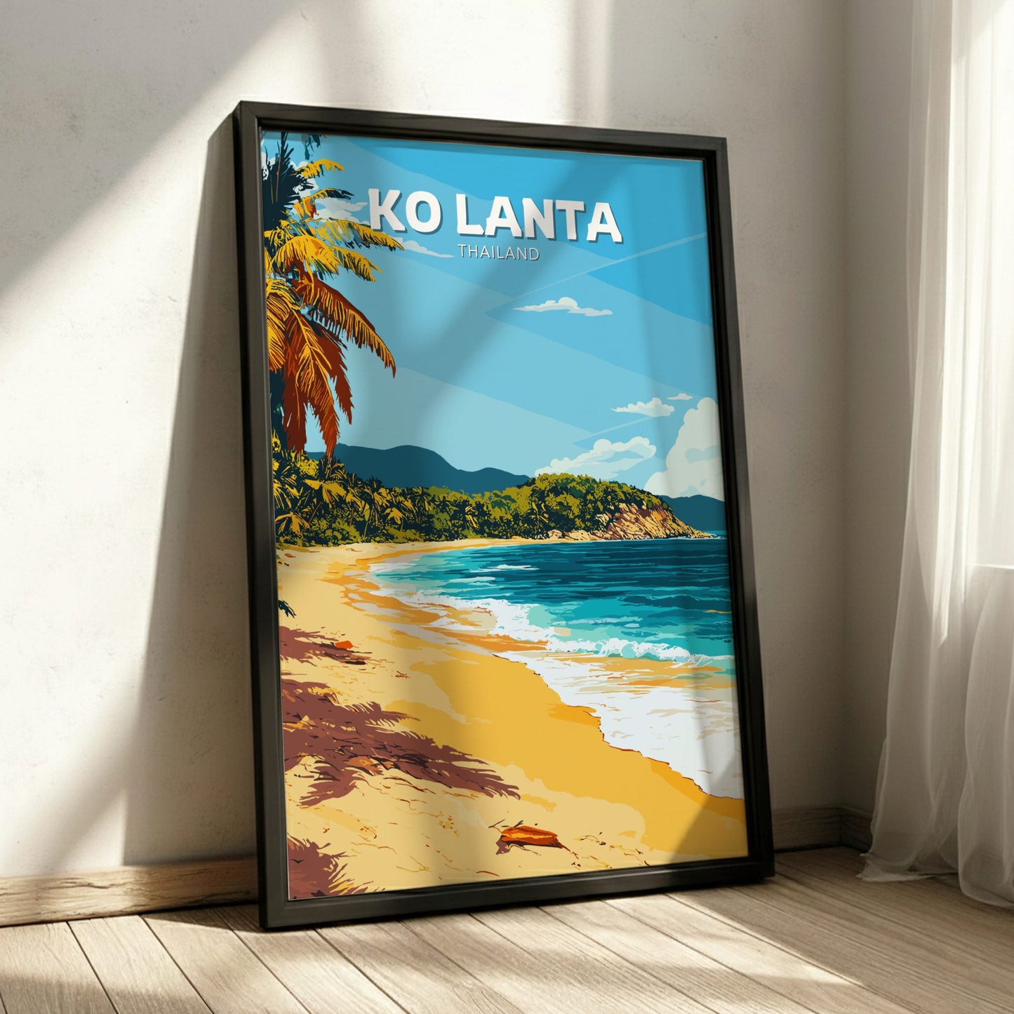 Framed poster of Ko Lanta island with a beach and palm trees.