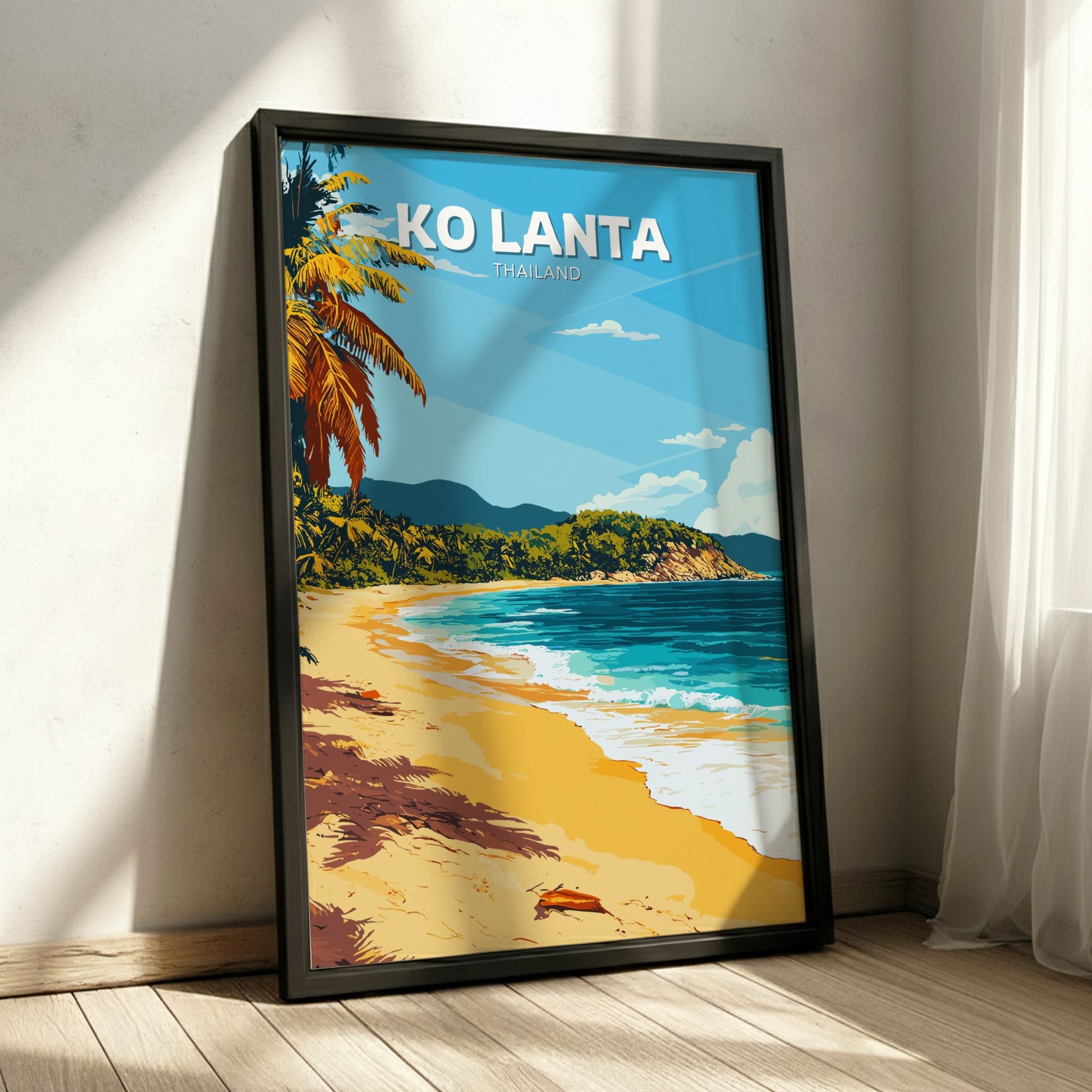 Framed poster of Ko Lanta island with a beach and palm trees.