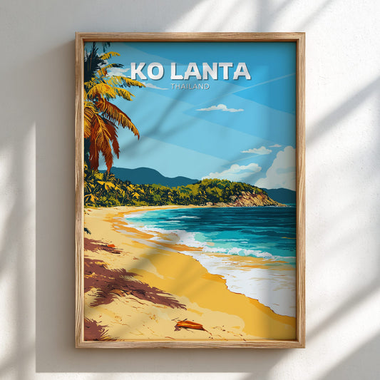 Framed artwork of a tropical beach scene with 'Ko Lanta, Thailand' text.