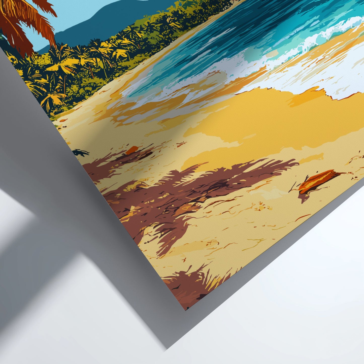 Colorful beach scene with palm trees and ocean on a white background